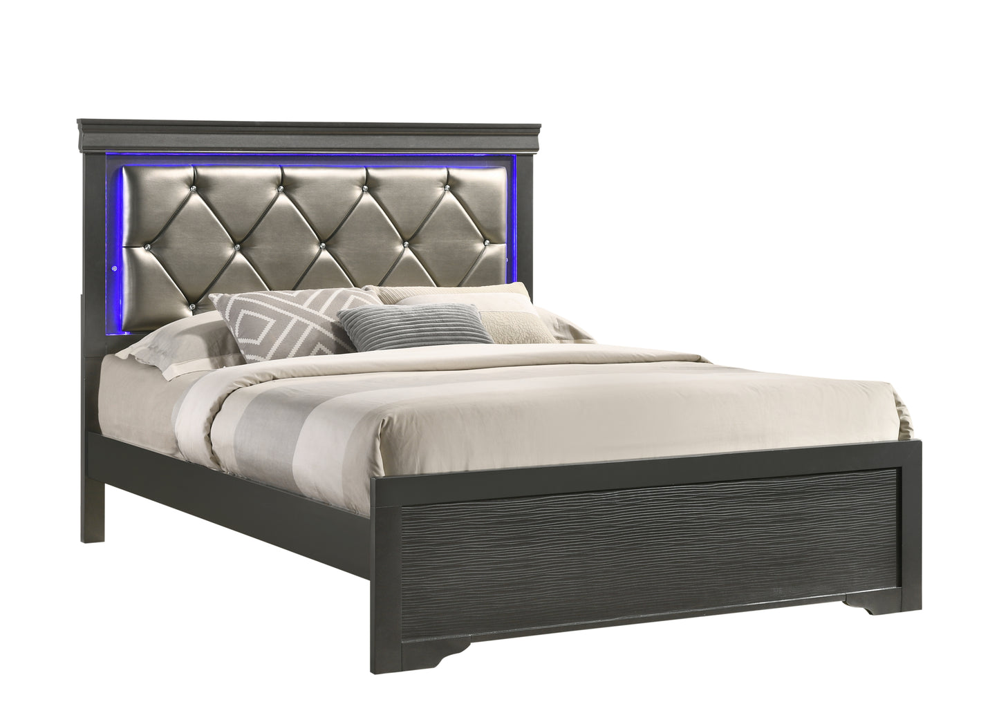 Juego de dormitorio Queen de 5 piezas con tapizado capitoné y luces LED fabricado con madera en color gris