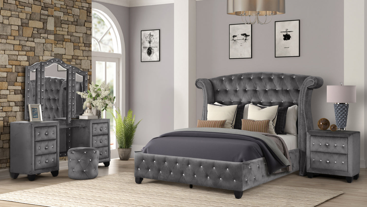 Modern Style Crystal Tufted King 4 Piece(Includes: King Size Bed, Nightstand, Vanity Set) Velvet Fabric Upholstery Vanity Bedroom Set Made with Wood in Gray