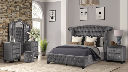 Full 4 Pc Vanity Upholstery Bedroom Set Made With Wood in Gray