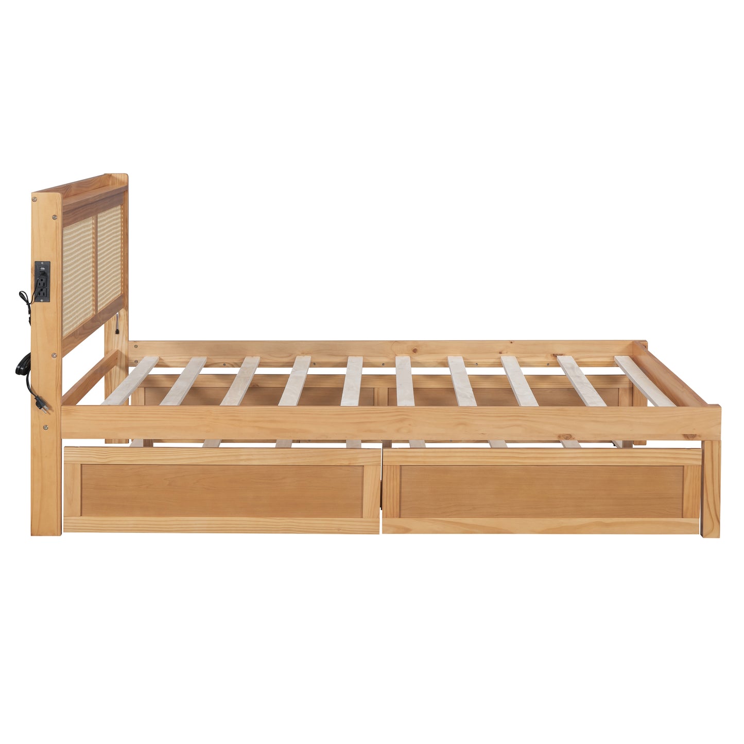 Full Size Elegant Bed Frame with Rattan Headboard and Sockets ,Natural