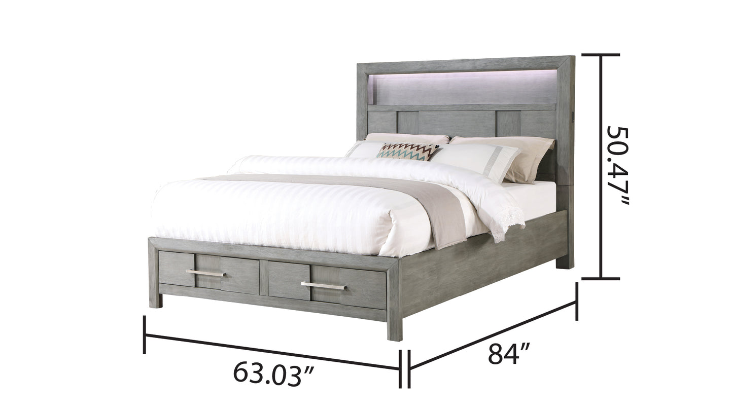 Modern Style Queen Bed Made with Wood & LED Headboard with bookshelf in Gray