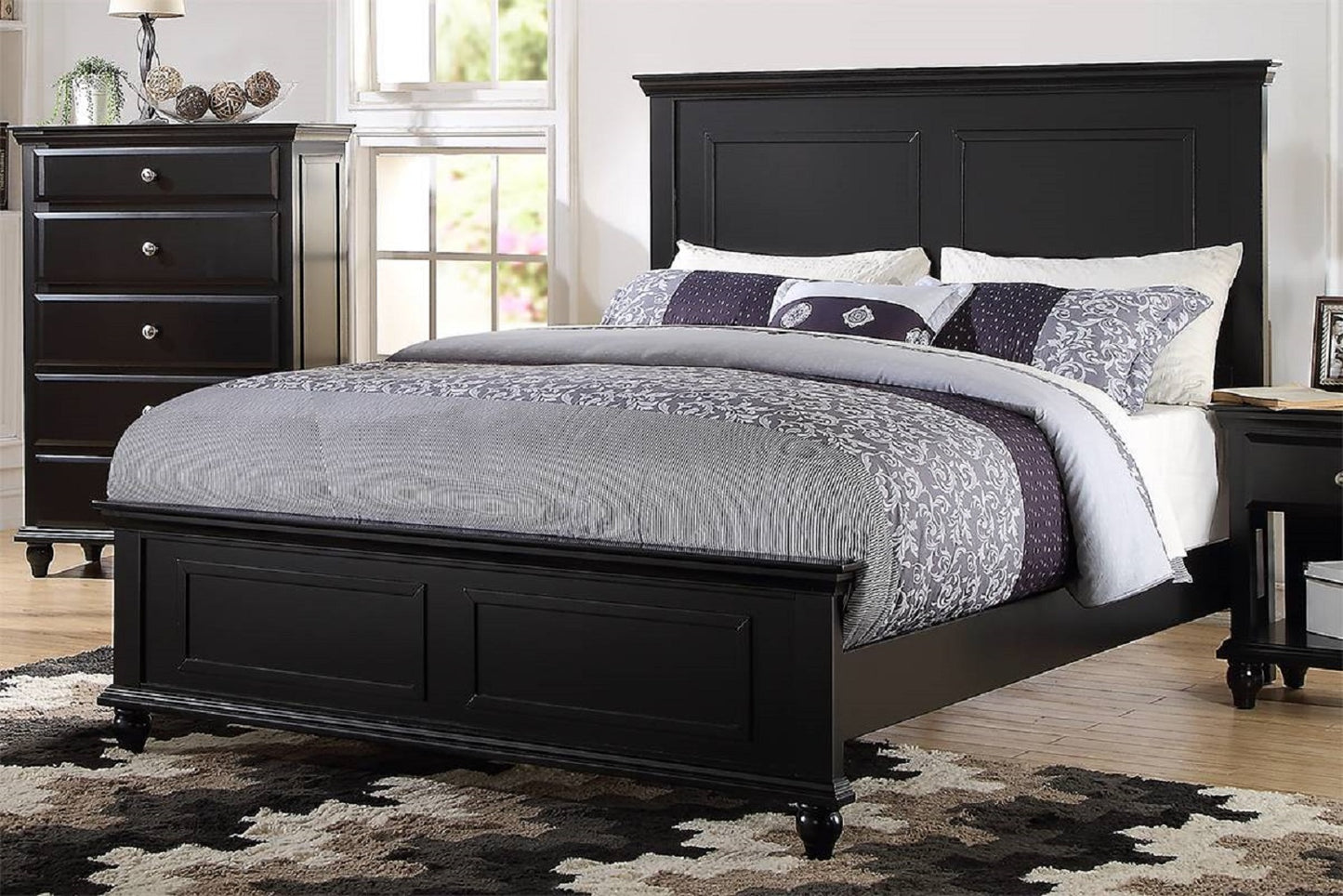 Black Color Eastern King Size Bed Bedroom Furniture High Panel Headboard Footboard Plywood 1pc Bedframe