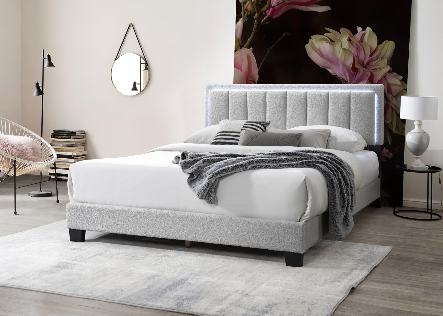 Light Gray Wool Fabric 1pc Queen Size Bed Channel Tufting w LED Full Upholstered Bedframe Bedroom Bed