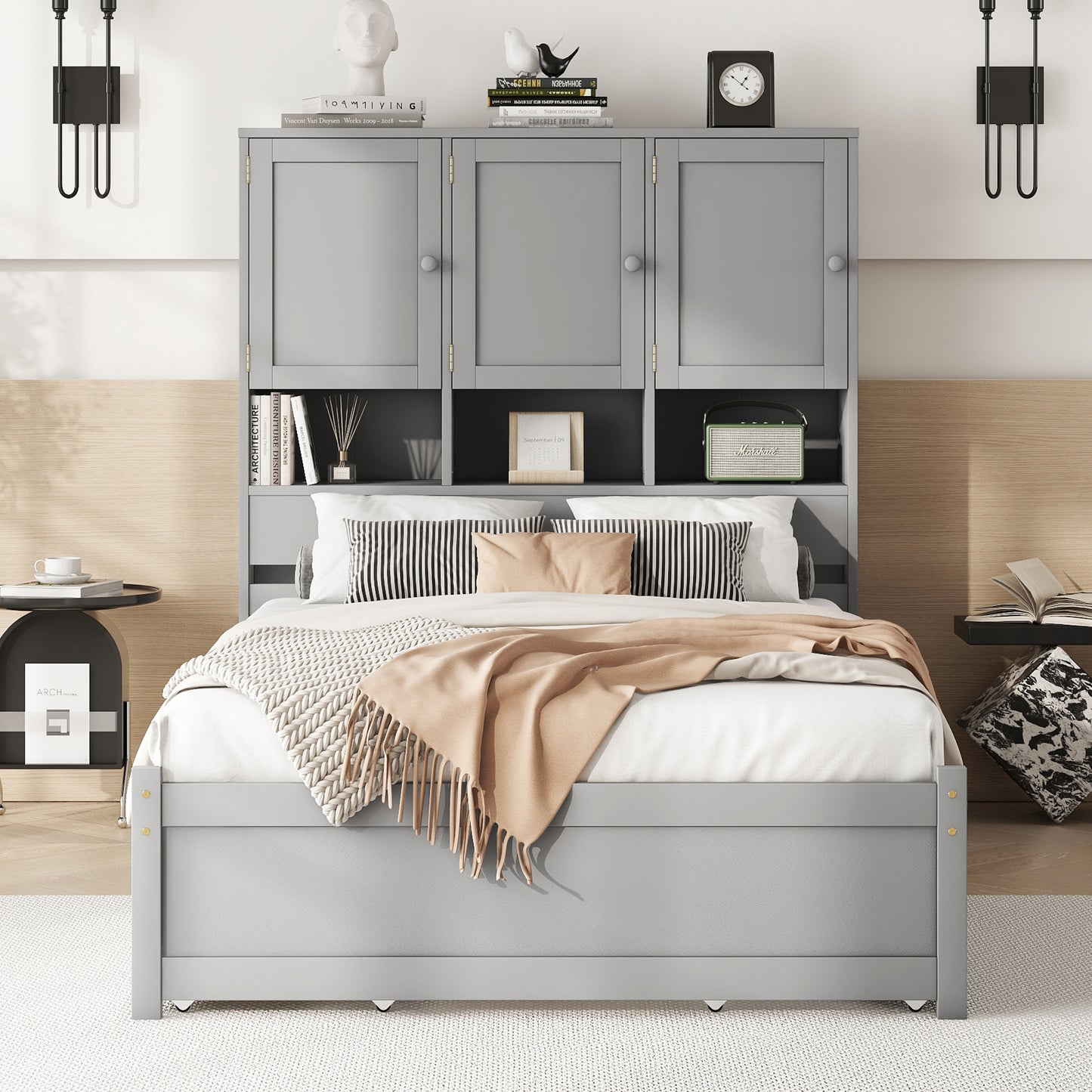 Full Size Platform Bed with Storage Headboard and 4 Drawers, Gray