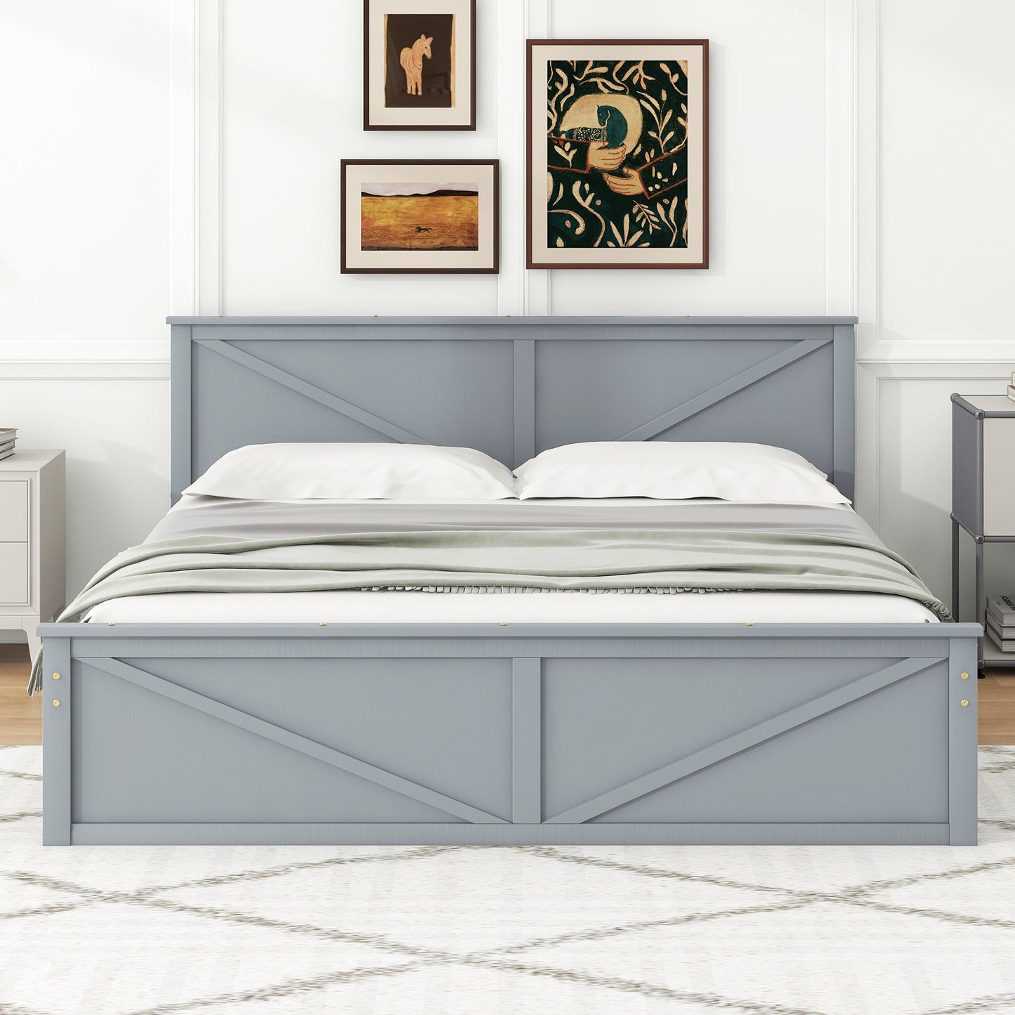 King Size Wooden Platform Bed with Four Storage Drawers and Support Legs, Gray