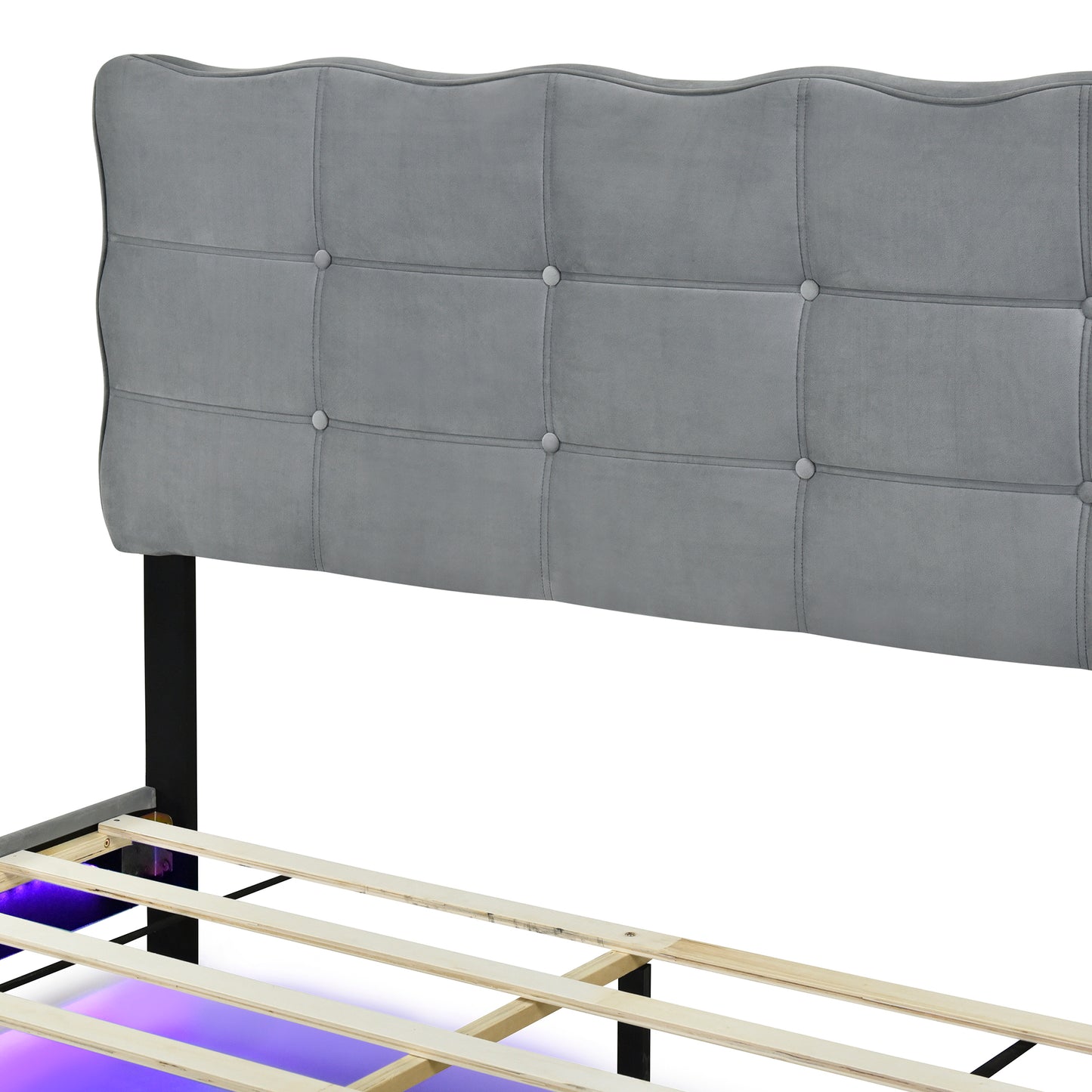 Queen Size Velvet Platform Bed with LED Frame and Stylish Mental Bed Legs, Gray