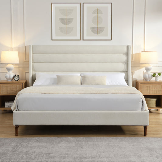 King Size Bed Frame High Headboard Upholstered Platform Bed with Wave - Shaped Headboard, Premium Chenille Fabric, Modern Minimalist Platform Bed No Box Spring Needed, Easy Assembly, Ivory