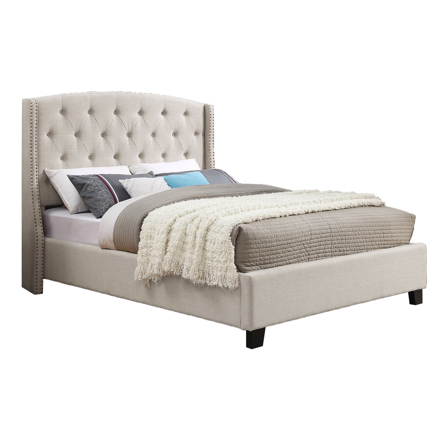 Astral 3-Piece Upholstered Bedroom Set, Tufted Wingback Bed with Two Gray Nightstands