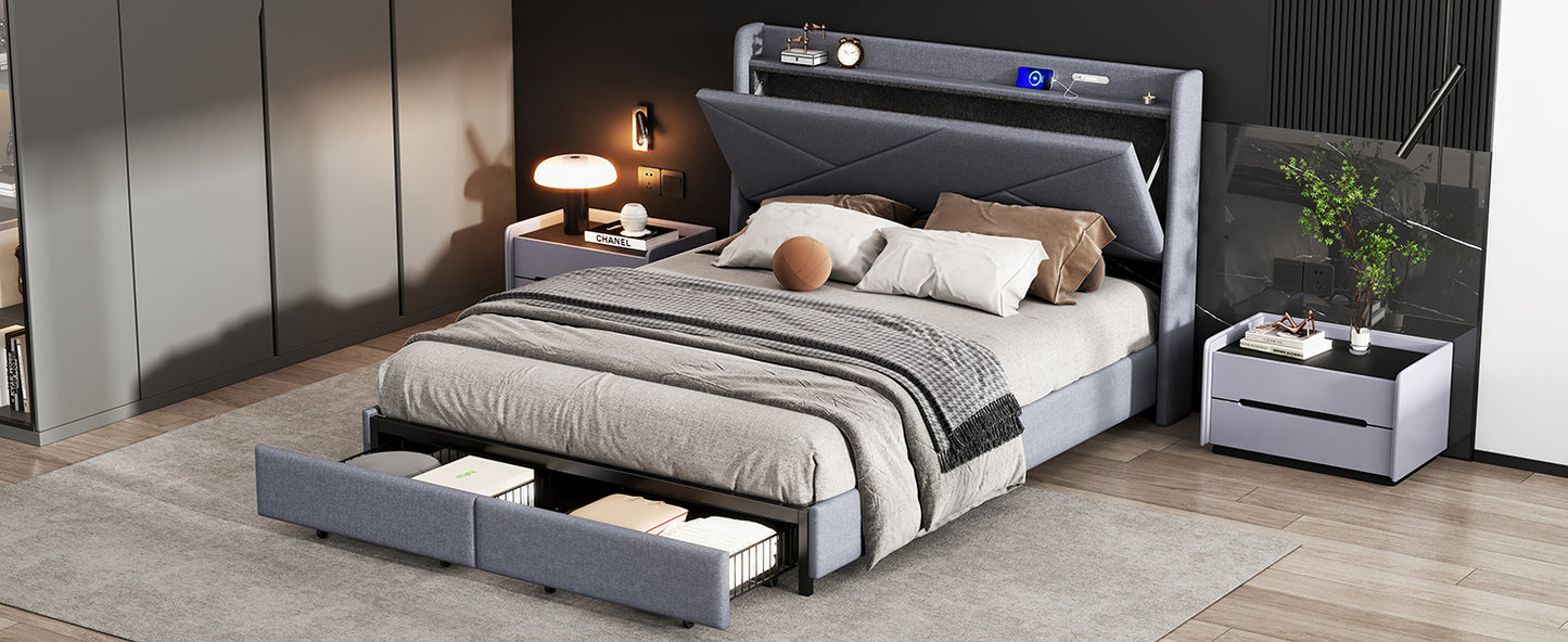 Queen Size Upholstery Platform Bed with Storage Headboard, LED, USB Charging and 2 Drawers, Gray