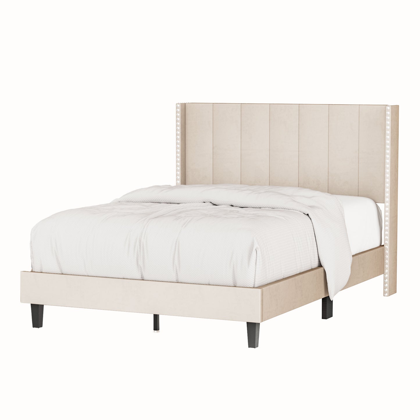 Marco de cama tapizado de terciopelo con cabecera capitoné de canal vertical, cabezales de clavos decorativos modernos, marco de cama de tamaño completo Beige