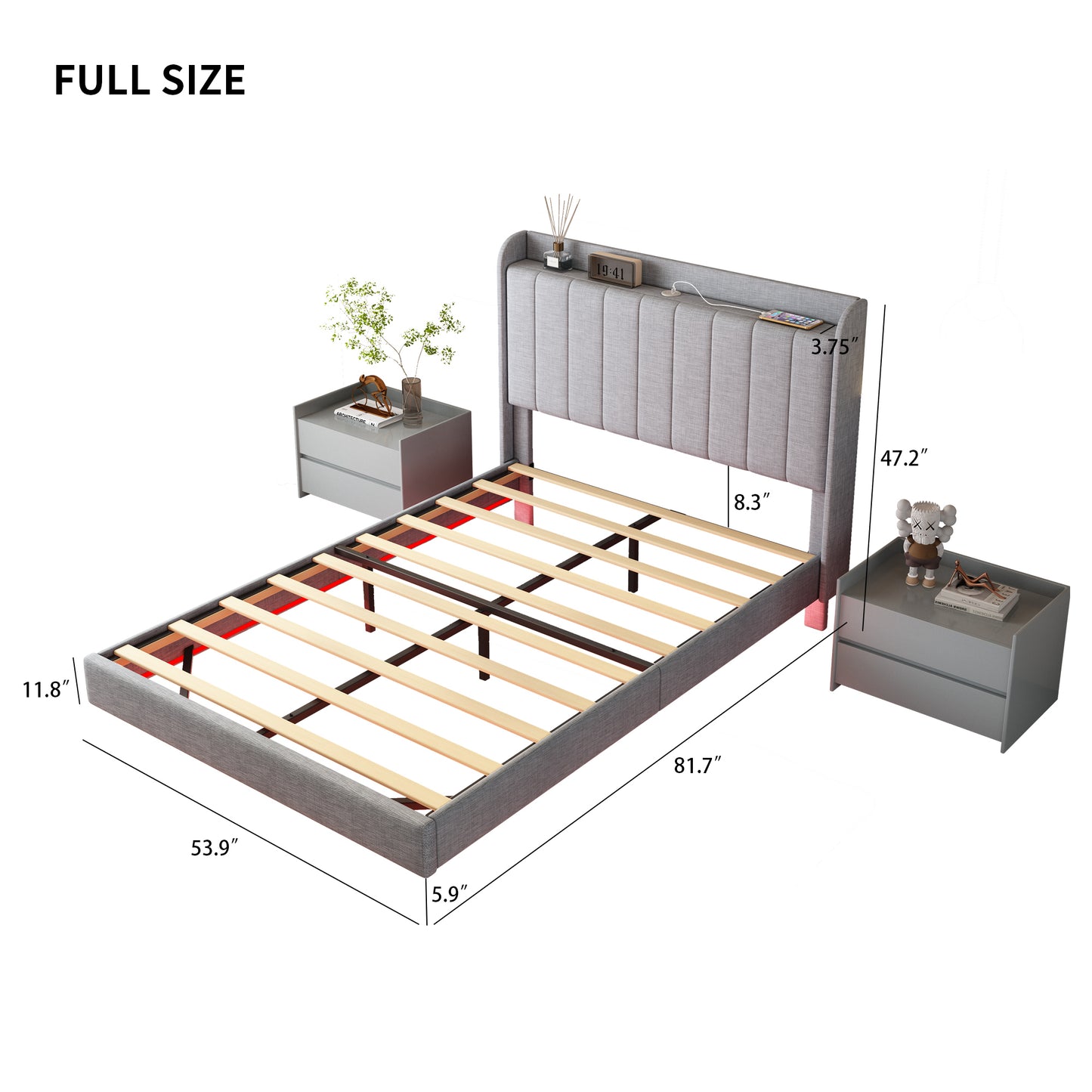 Full size Floating Bed Frame,with Remote control LED Lights with APP , Wood Platform-Light Grey