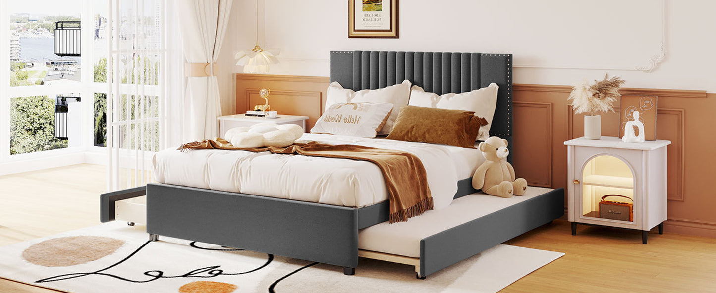 Full Size Upholstered Platform Bed with 2 Drawers and 1 Twin Size Trundle, Classic Headboard Design, Gray