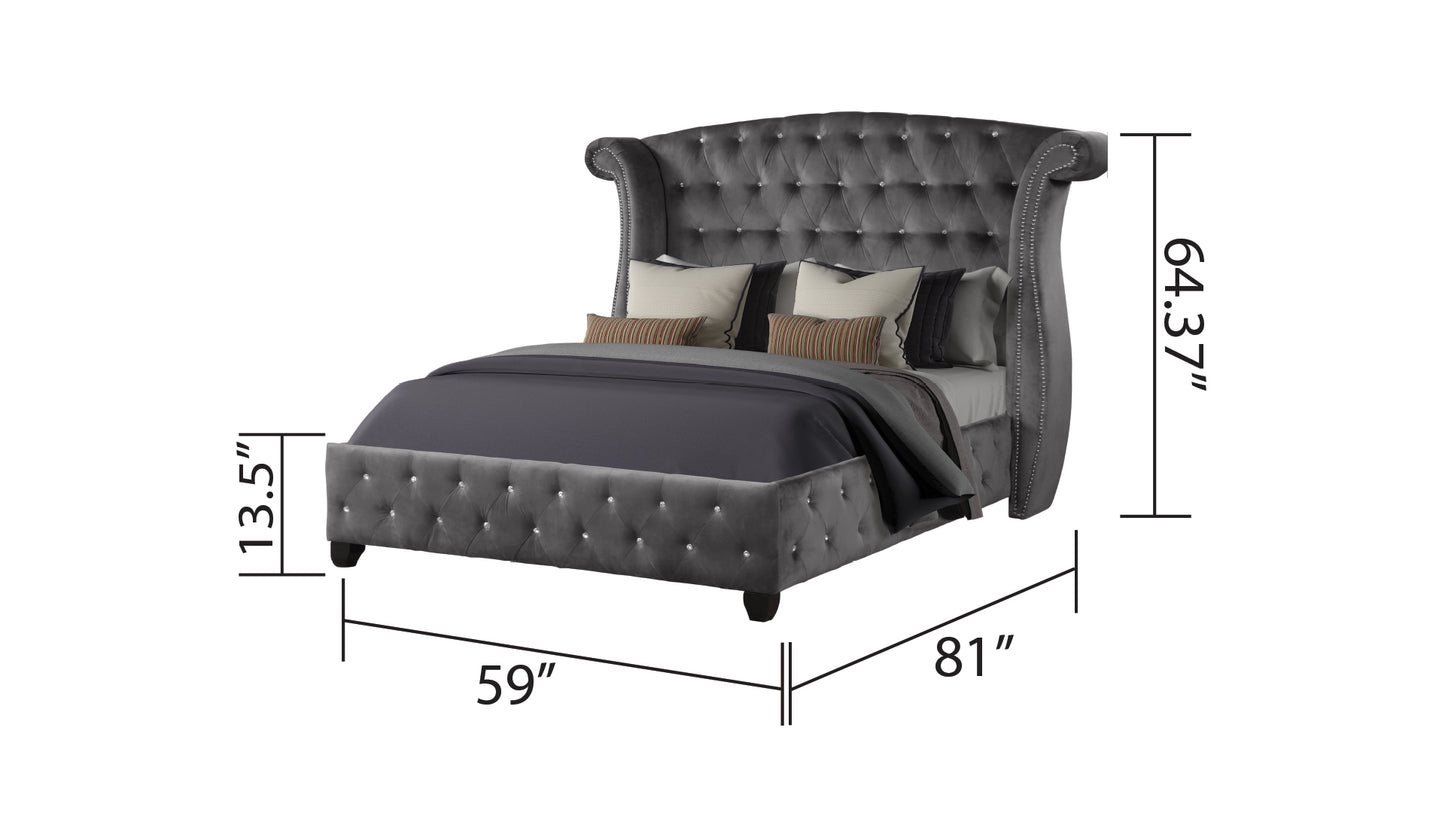 Modern Style Crystal Tufted Full 4 Piece(Includes: Full Size Bed, Nightstand, Dresser, and Mirror) Velvet Fabric Upholstery Bedroom Set Made with Wood in Gray