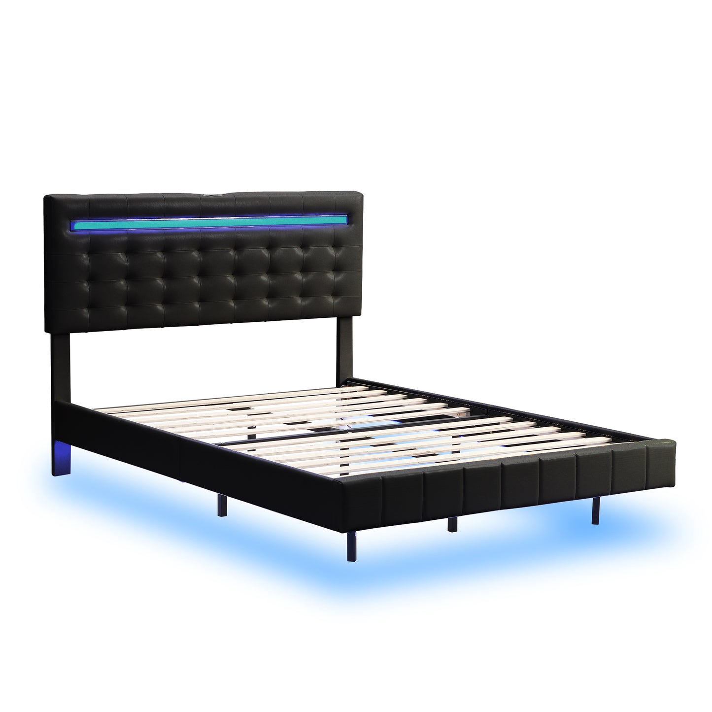 Full Size Floating Bed Frame with LED Lights and USB Charging,Modern Upholstered Platform LED Bed Frame,Black(Full)