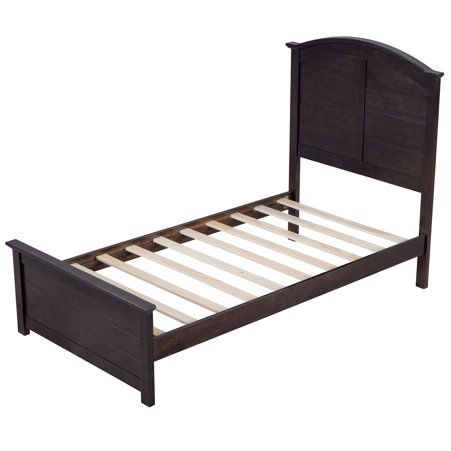 Farmhouse Wooden Platform Twin Size Bed with Curl Design Headboard and Footboard for Teenager, Espresso