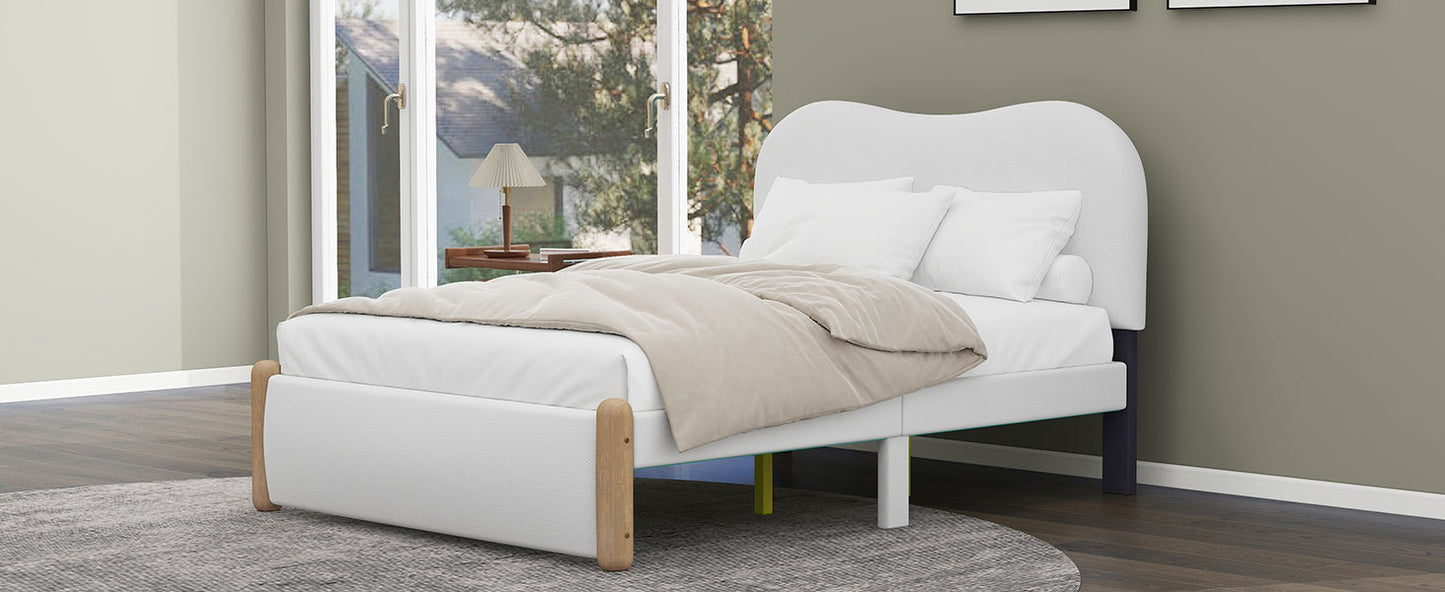 Full Size Upholstered Platform Bed with Wood Supporting Feet, White