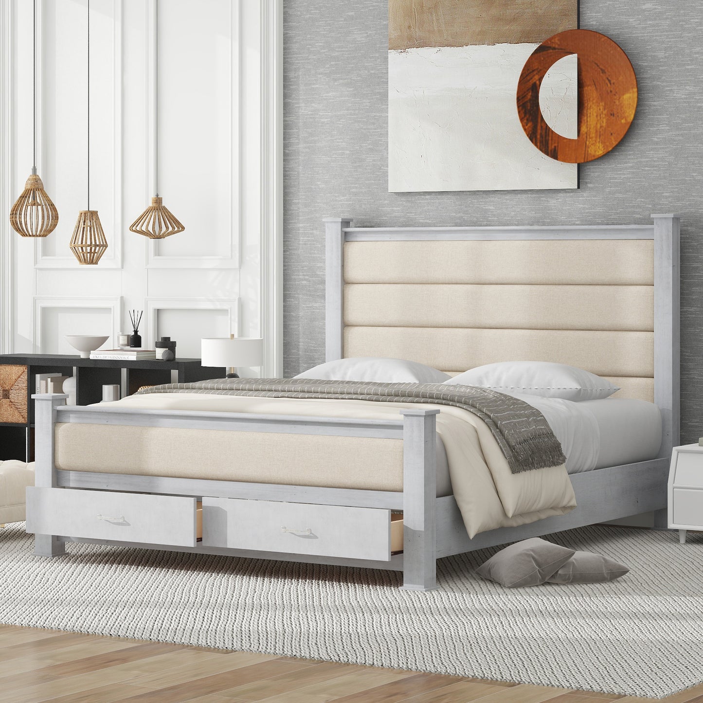 Queen Size Wood Frame Platform Bed with Upholstered Headboard, Footboard and 2 Drawers, Antique White