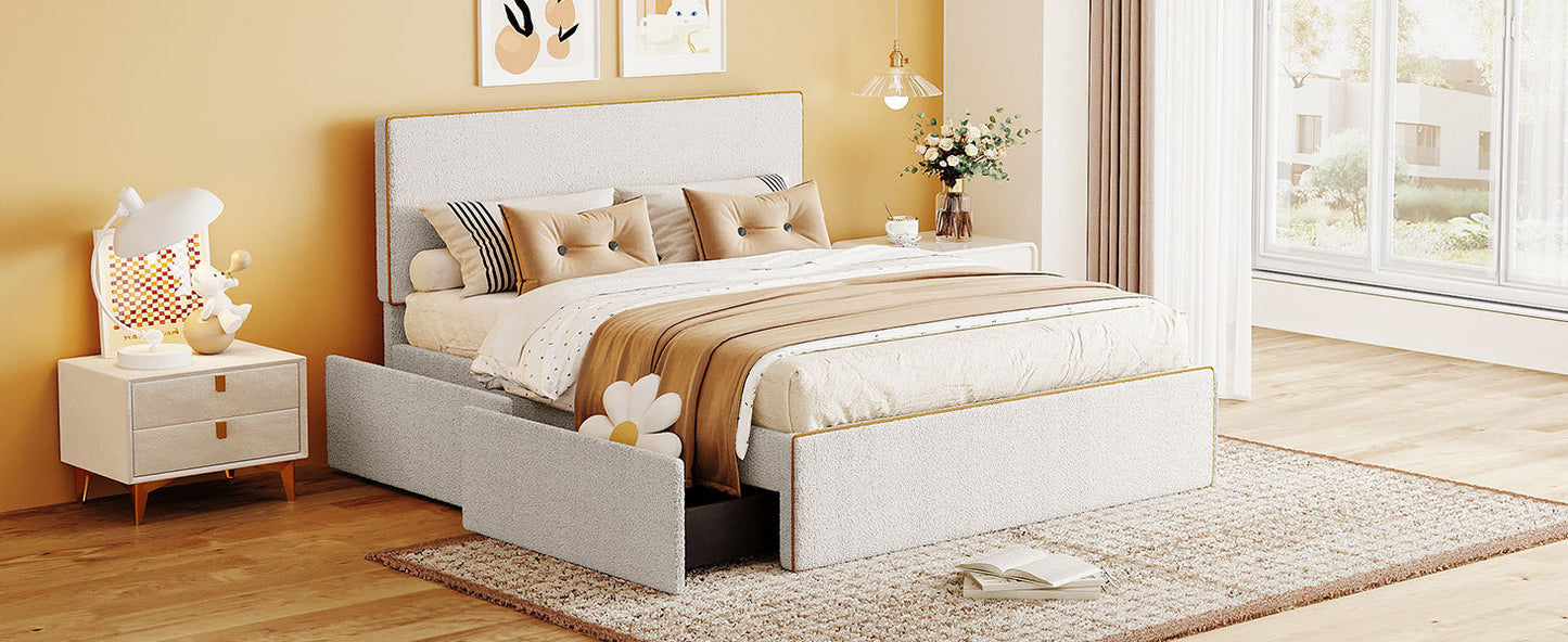 Full Size Upholstered Platform Bed with 4 Drawers and Golden Edge on the Headboard & Footboard, White