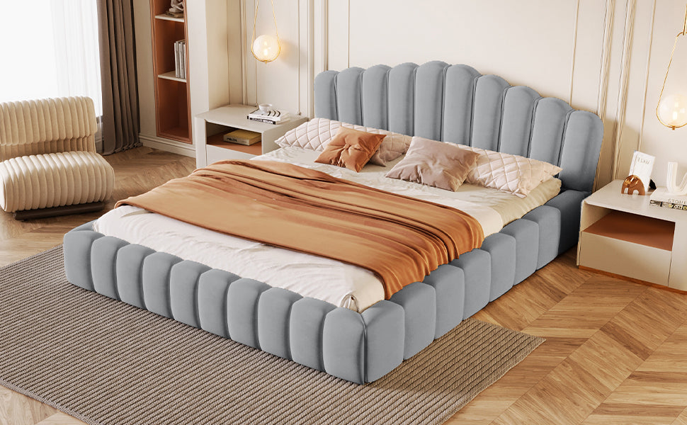 Velvet Upholstered Queen Bed Floor Bed Frame Shell-Shaped Headboard for Bedroom,No Box Spring Needed,Light Blue