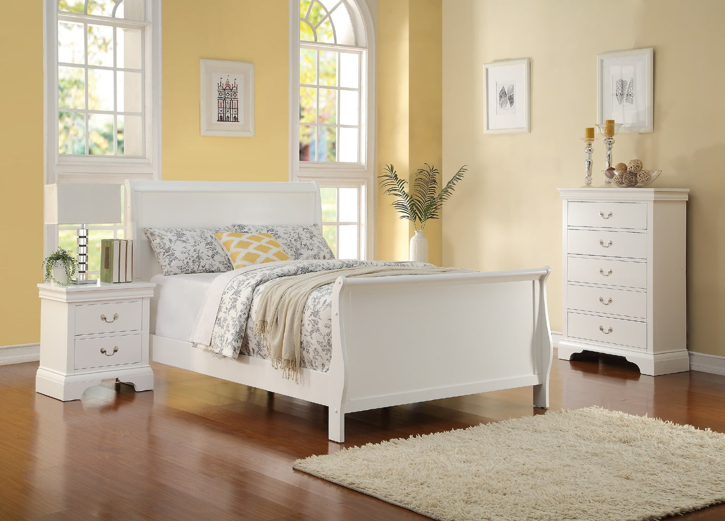 Modern 1pc Full Size Bed Bedroom Furniture Sleigh Design Headboard Footboard Plywood 1pc Bedframe White Color