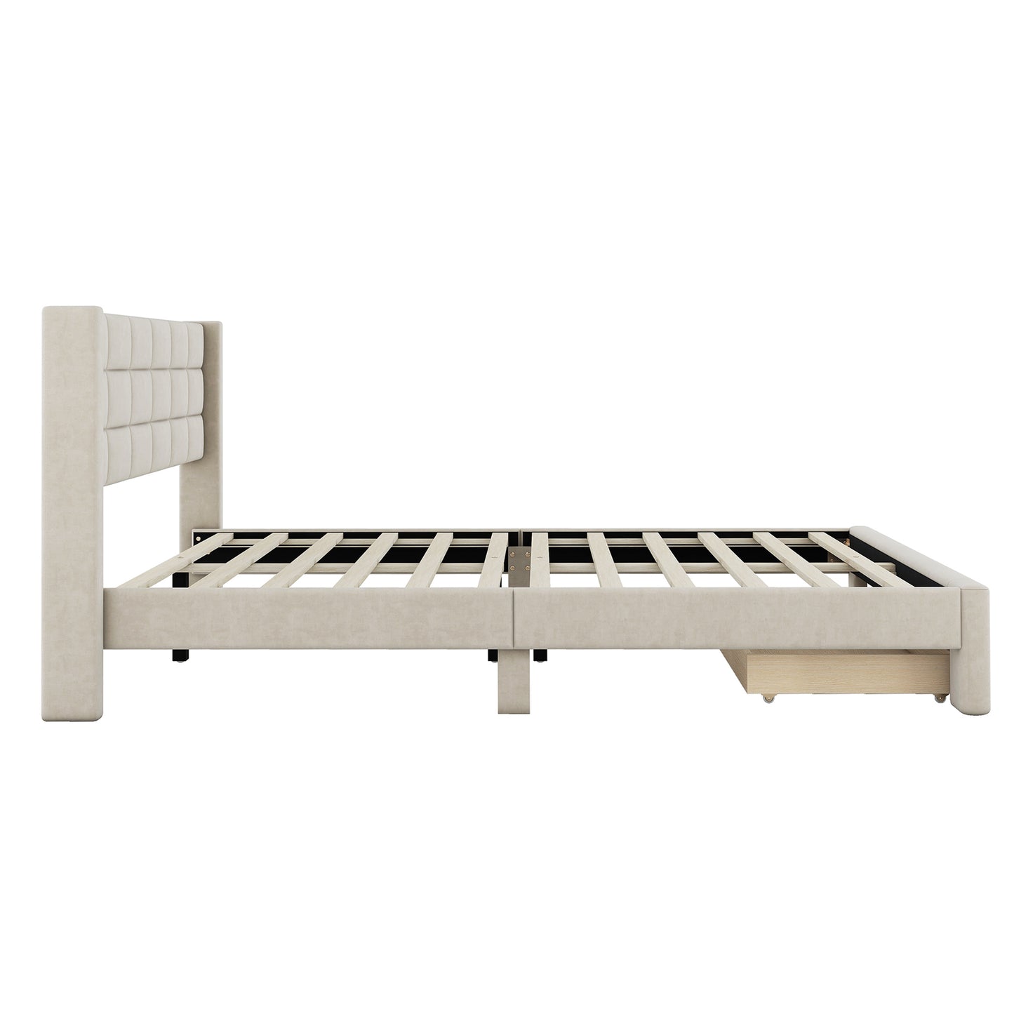 Queen Size Upholstered Platform Bed with A Big Drawer, Beige