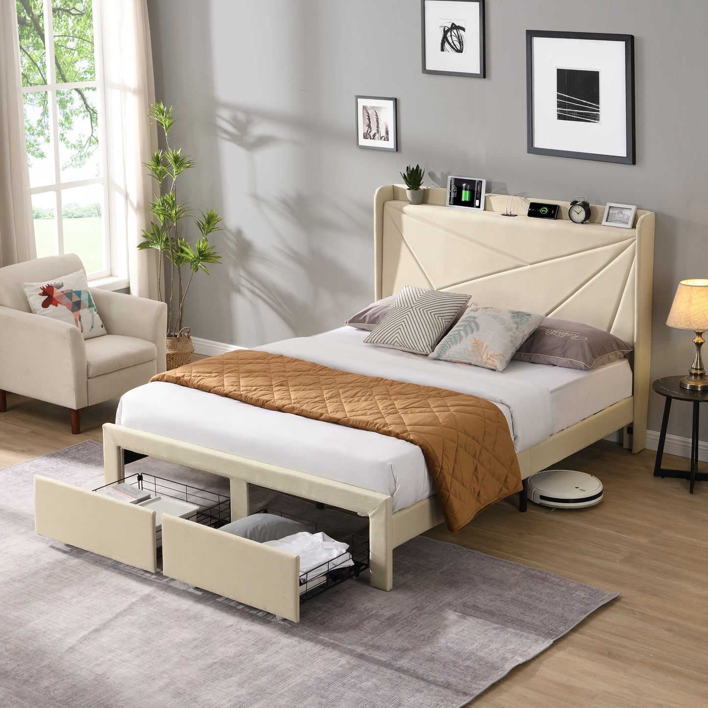 Full Size Bed Frame with 2 Storage Drawers, Upholstered Bed Frame with Wingback Headboard Storage Shelf Built-in USB Charging Stations and Strong Wood Slats Support, No Box Spring Needed, Beige