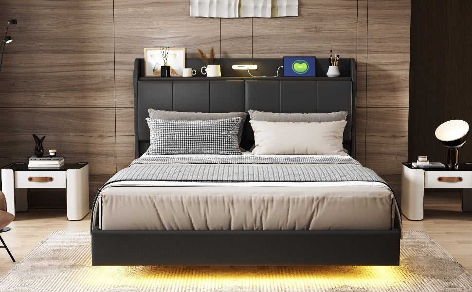 Queen Size Floating Bed Frame with Storage Headboard, Modern Upholstered Platform Bed with Touch Sensor Night Light and USB Charger, Black