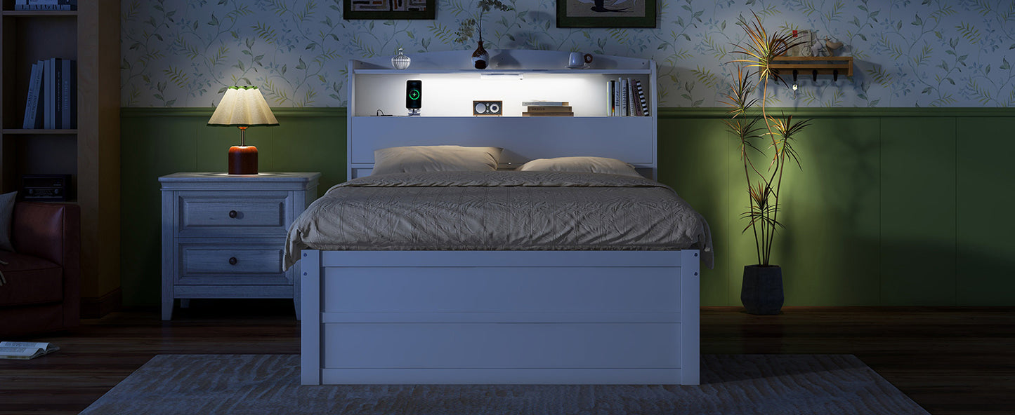 Full Size Wooden LED Platform Bed with Trundle, with Storage Headboard, with Drawers, White