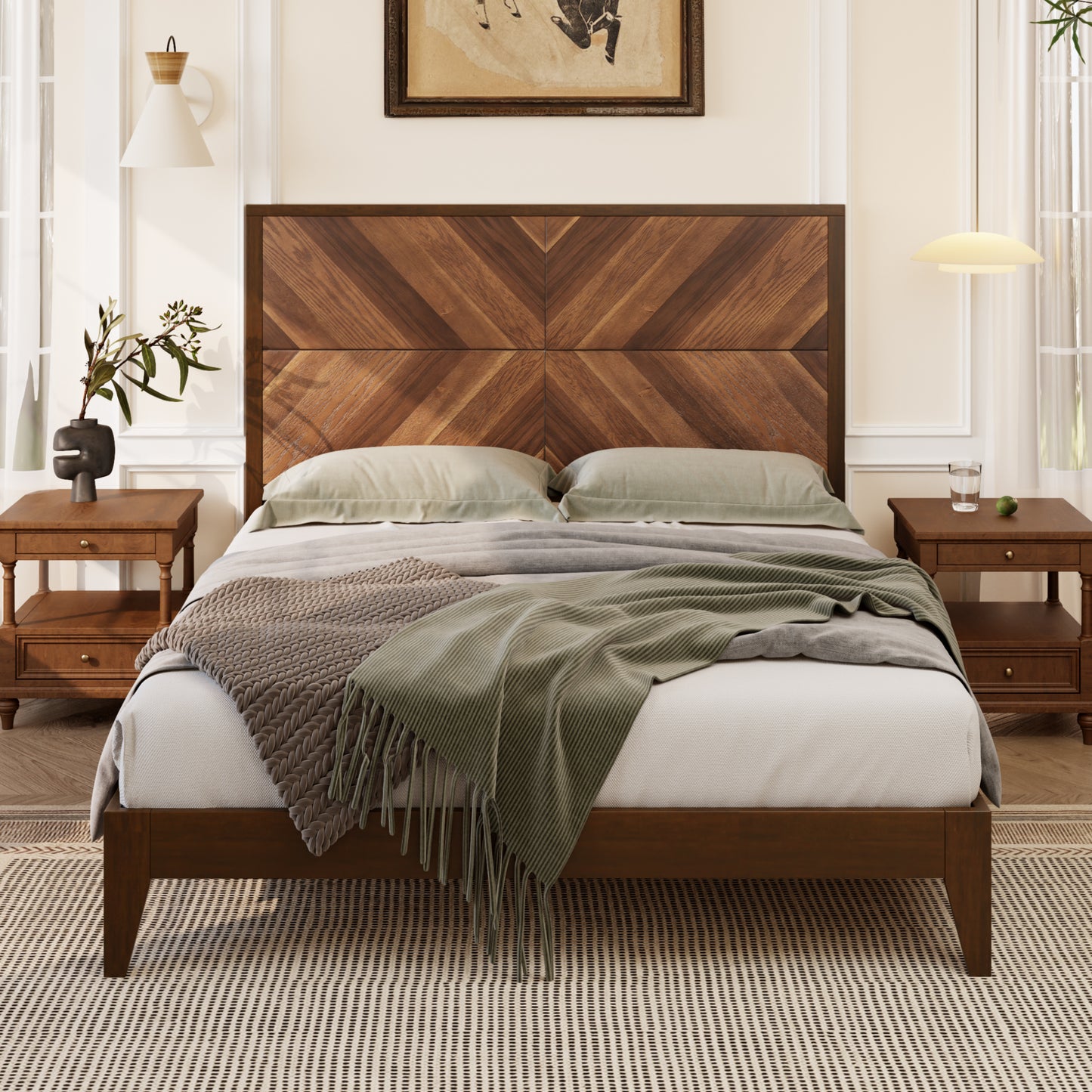 Mid-Century Modern Platform Bed Wood Slat Support with No Box Spring Needed,Queen, Walnut