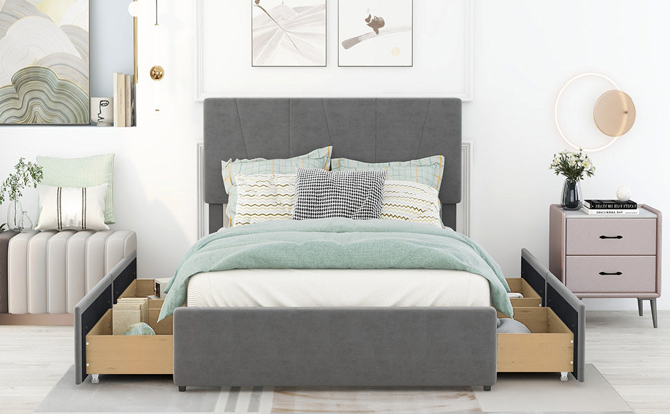 Full Size Upholstery Platform Bed with Four Drawers on Two Sides, Adjustable Headboard, Grey(Old SKU: WF291773EAA)