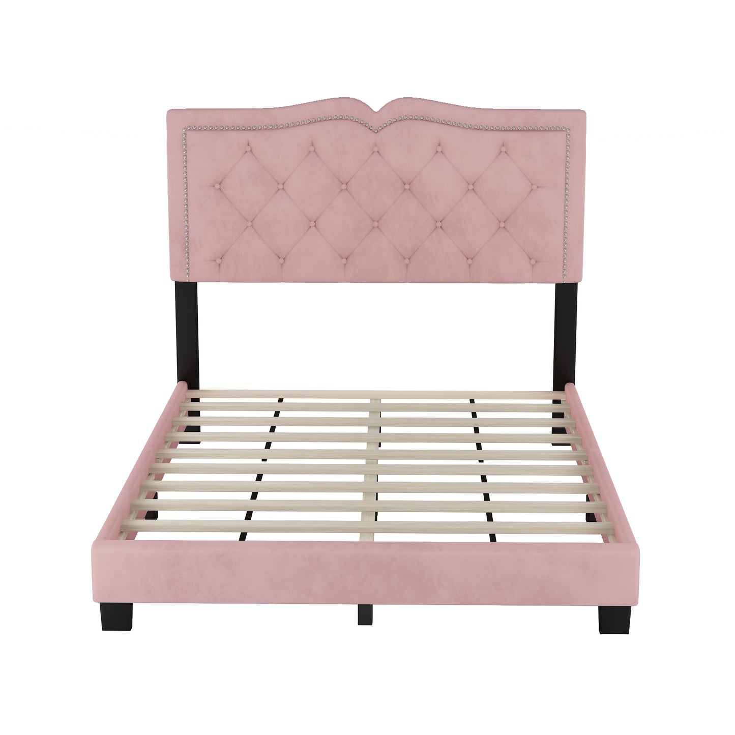 Full Size Upholstered Bed Frame with Rivet Design, Modern Velvet Platform Bed with Tufted Headboard,Pink