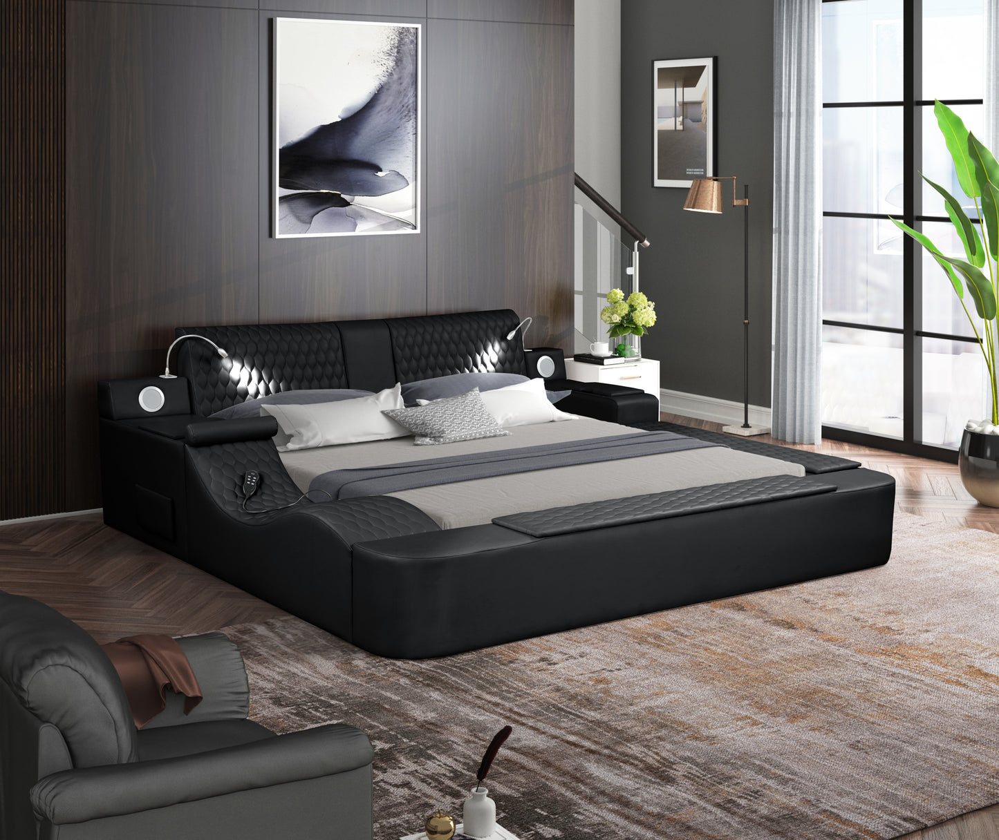 Smart Multifunctional King Size Bed Made with Wood in Black