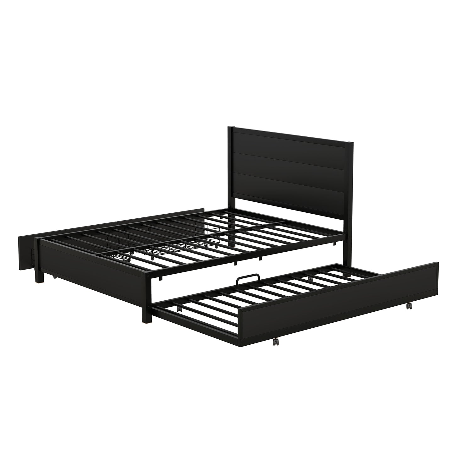 Metal Full Size Storage Platform Bed with Twin Size Trundle and 2 Drawers, Black