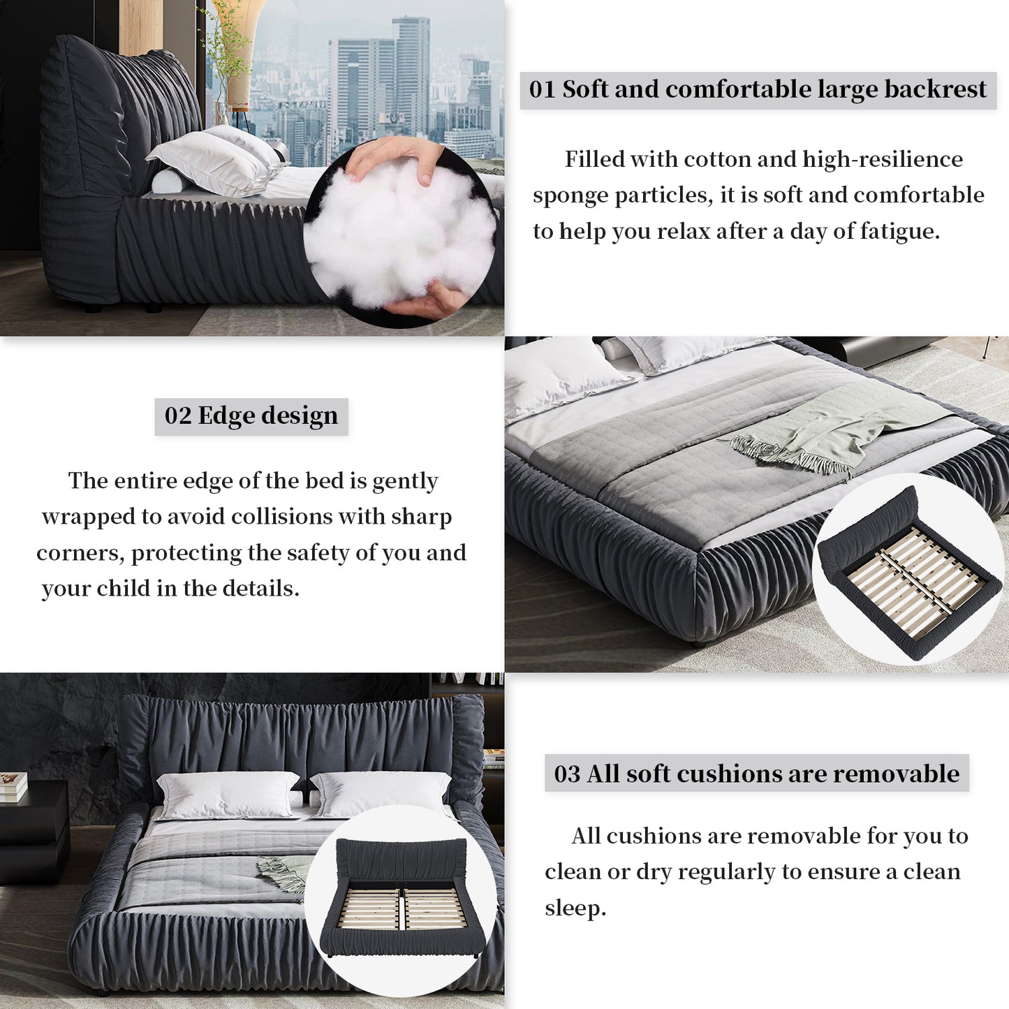 King Size Luxury Upholstered Platform Bed with Removable Cushion and Solid Wood Frame,suitable for Multiple heights of mattresses,DARK GREY