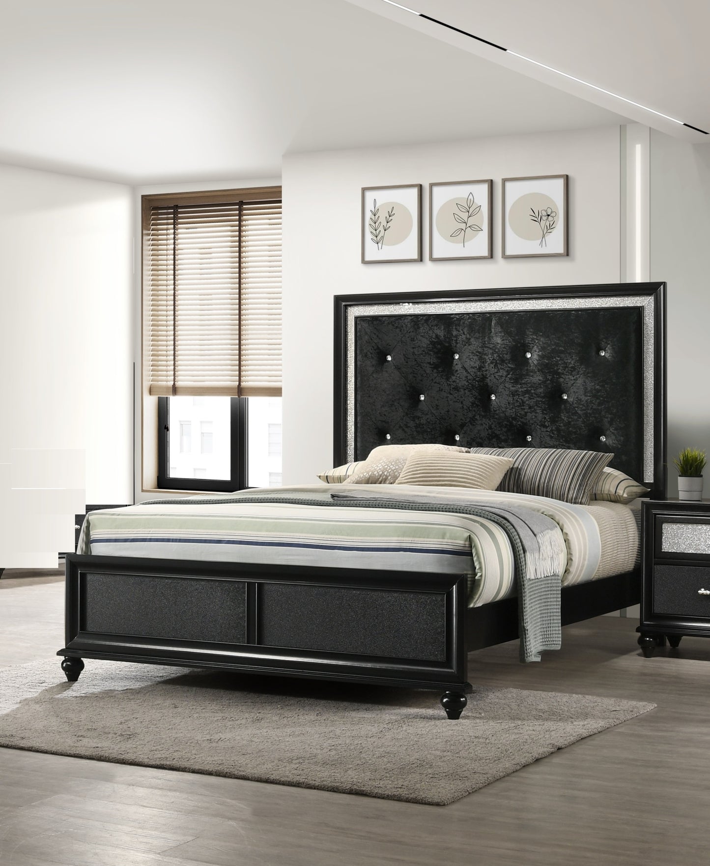 Modern Glam Style Black Finish Upholstered 1pc Full Size Panel Bed Diamond Patterned Faux-crystal Button Tufted Solid Wood Wooden Bedroom Furniture