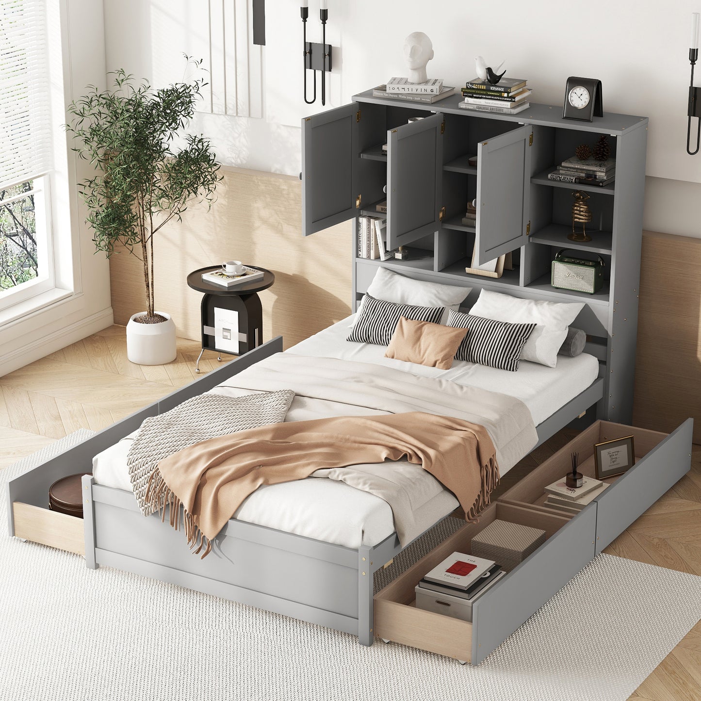 Full Size Platform Bed with Storage Headboard and 4 Drawers, Gray