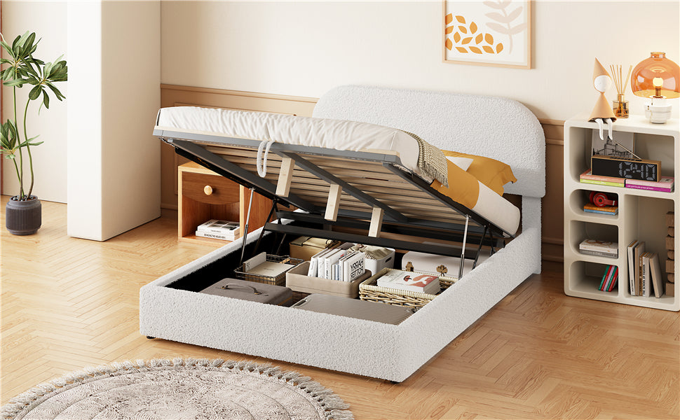 Teddy Fleece Full  Size Upholstered Platform Bed with Hydraulic Storage System, White