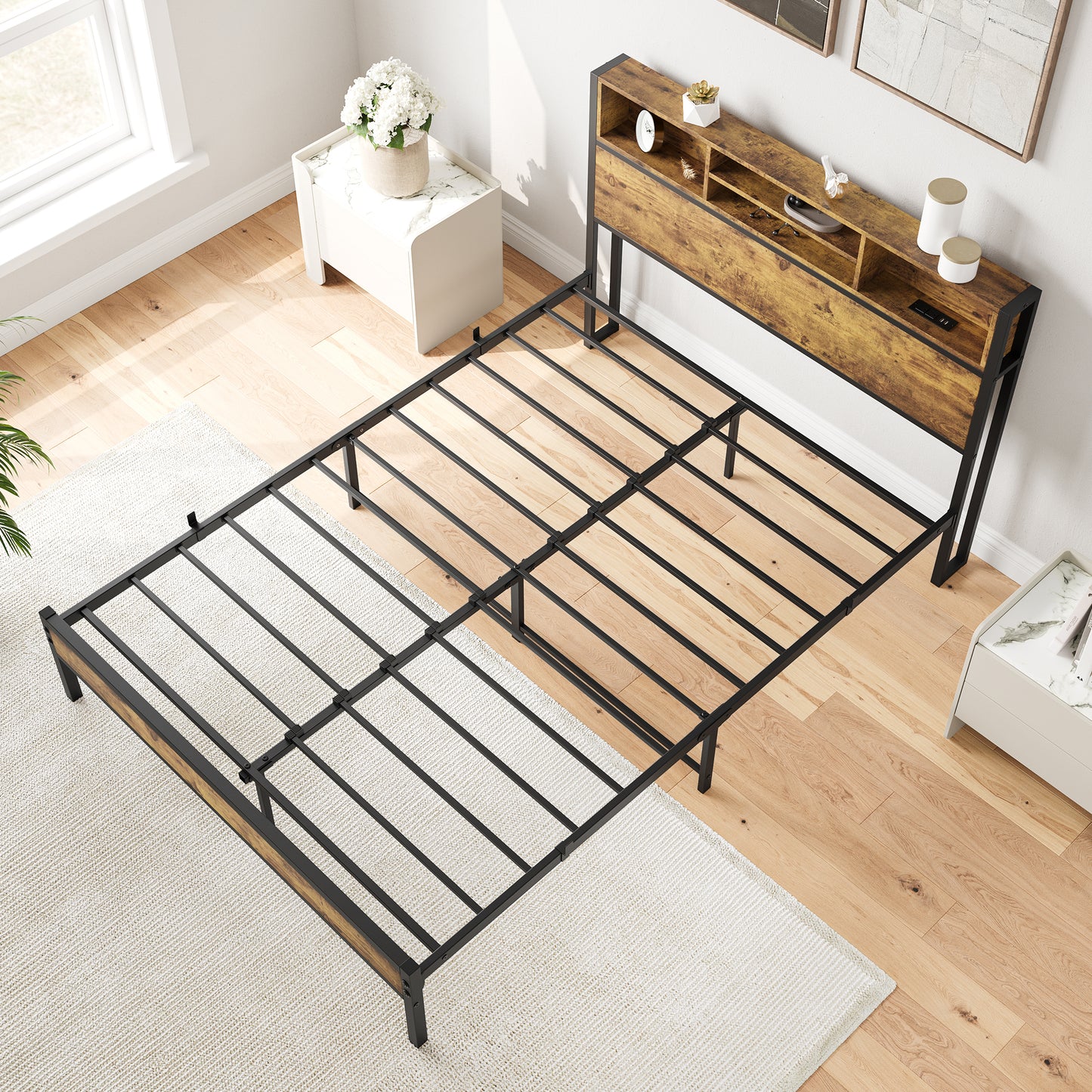 Full Size Bed Frame with Storage Headboard, Metal Platform Bed with Charging Station,  Bookcase Storage, No Box Spring Needed, Easy Assembly, Noise-Free, Black