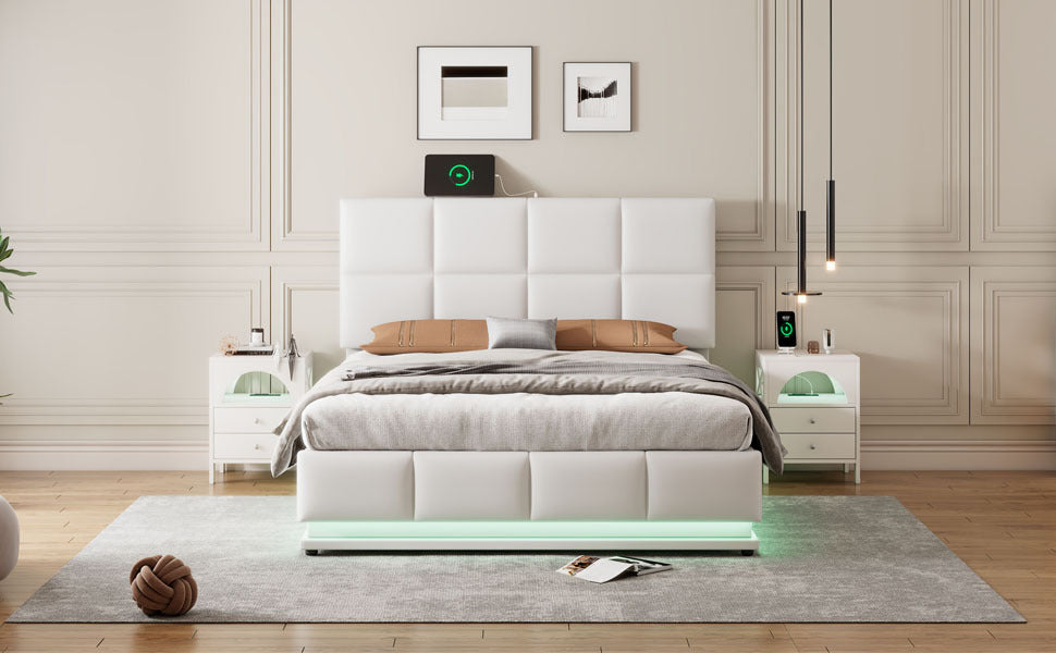 Full Size Tufted Upholstered Platform Bed with Hydraulic Storage System,PU Storage Bed with LED Lights and USB charger, White