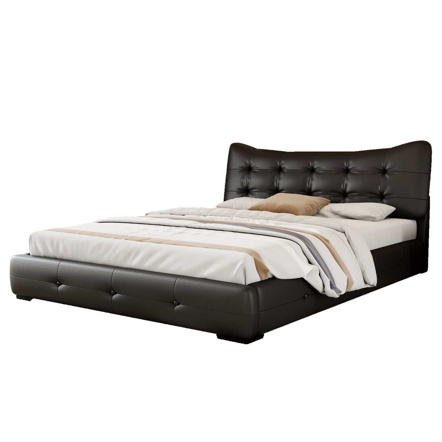 Modern PU Upholstered Queen Bed with Ergonomic Wingback Headboard, No Box Spring Needed, Black