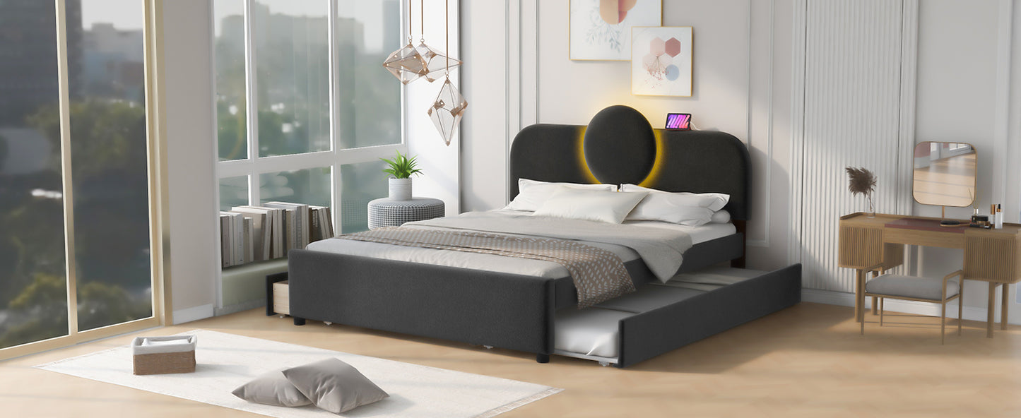 Queen Size Upholstered Platform Bed with Multi-functional Headboard, Trundle and 2 Drawers, Gray