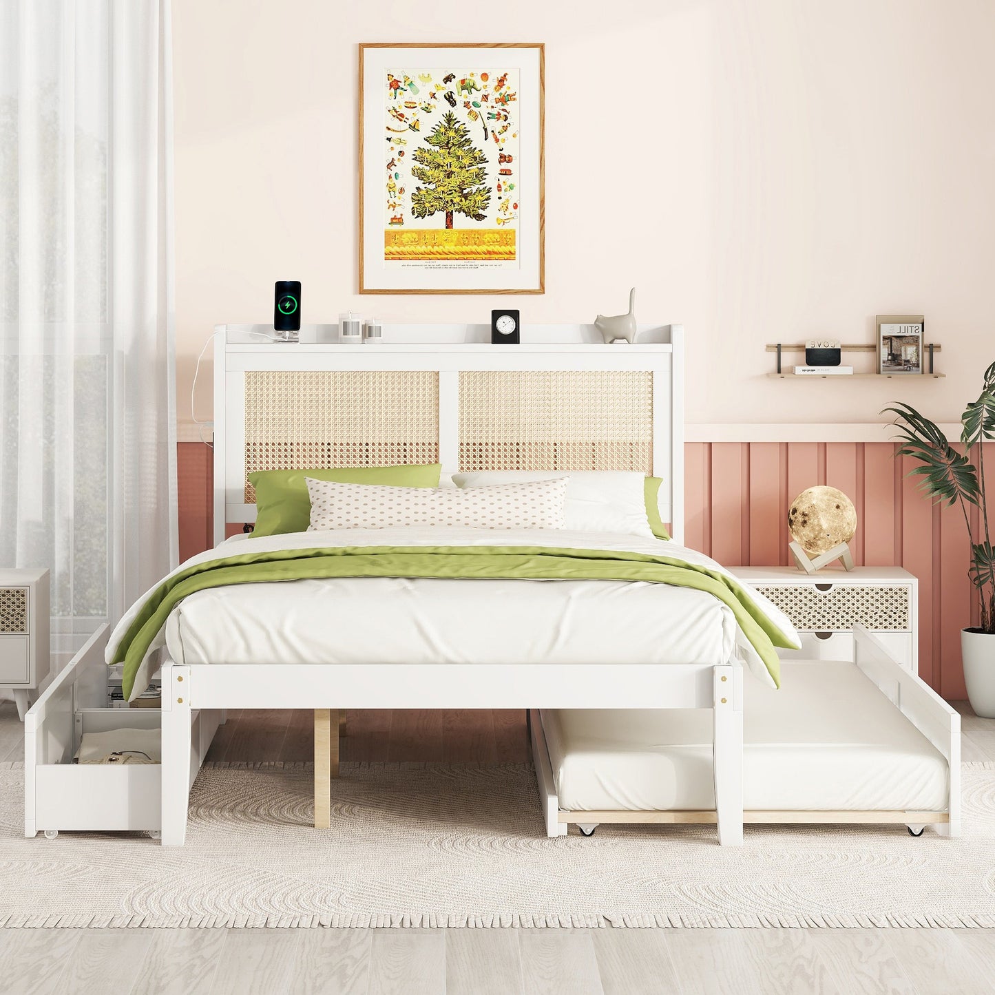 Full Size Elegant Bed Frame with Rattan Headboard and Sockets ,White