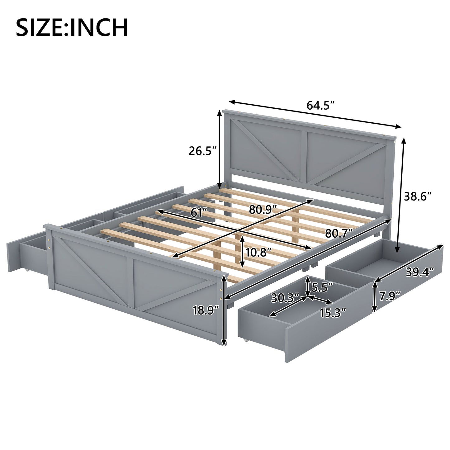 Queen Size Wooden Platform Bed with Four Storage Drawers and Support Legs, Gray