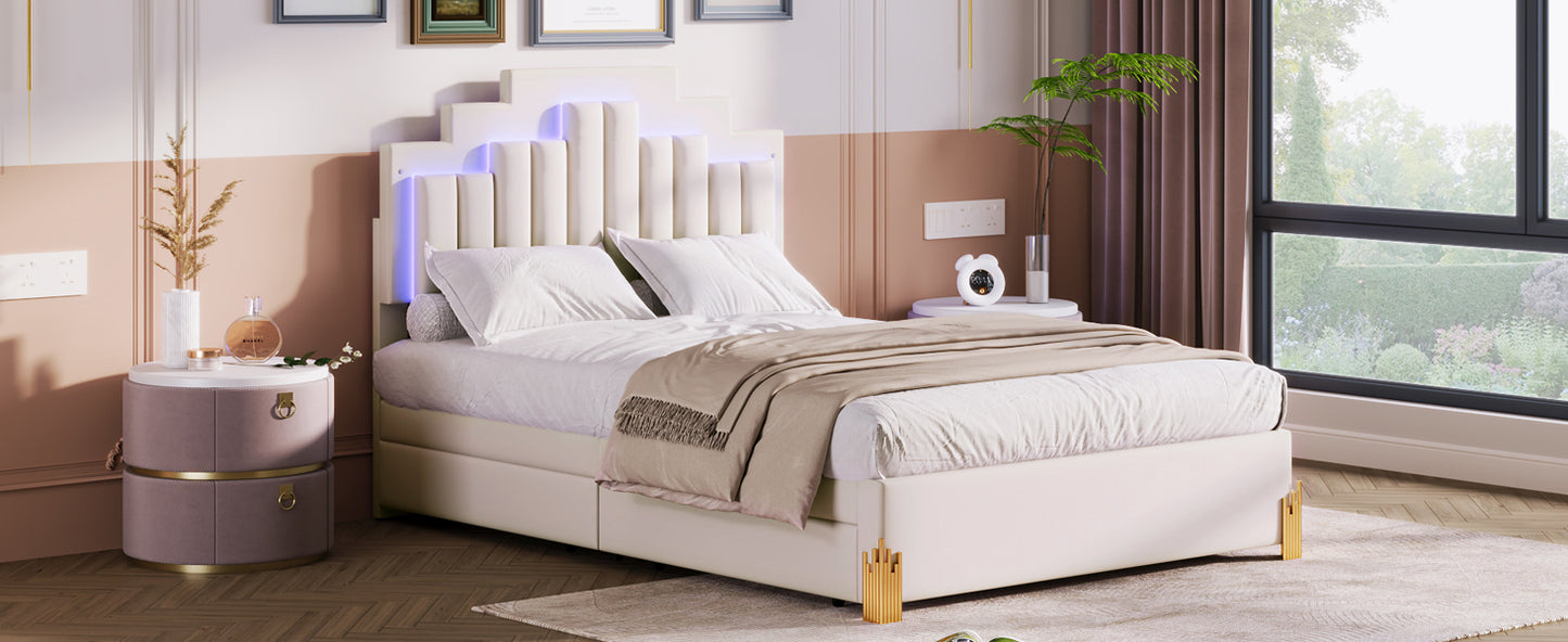 Full Size Upholstered Platform Bed with LED Lights and 4 Drawers, Stylish Irregular Metal Bed Legs Design, Beige