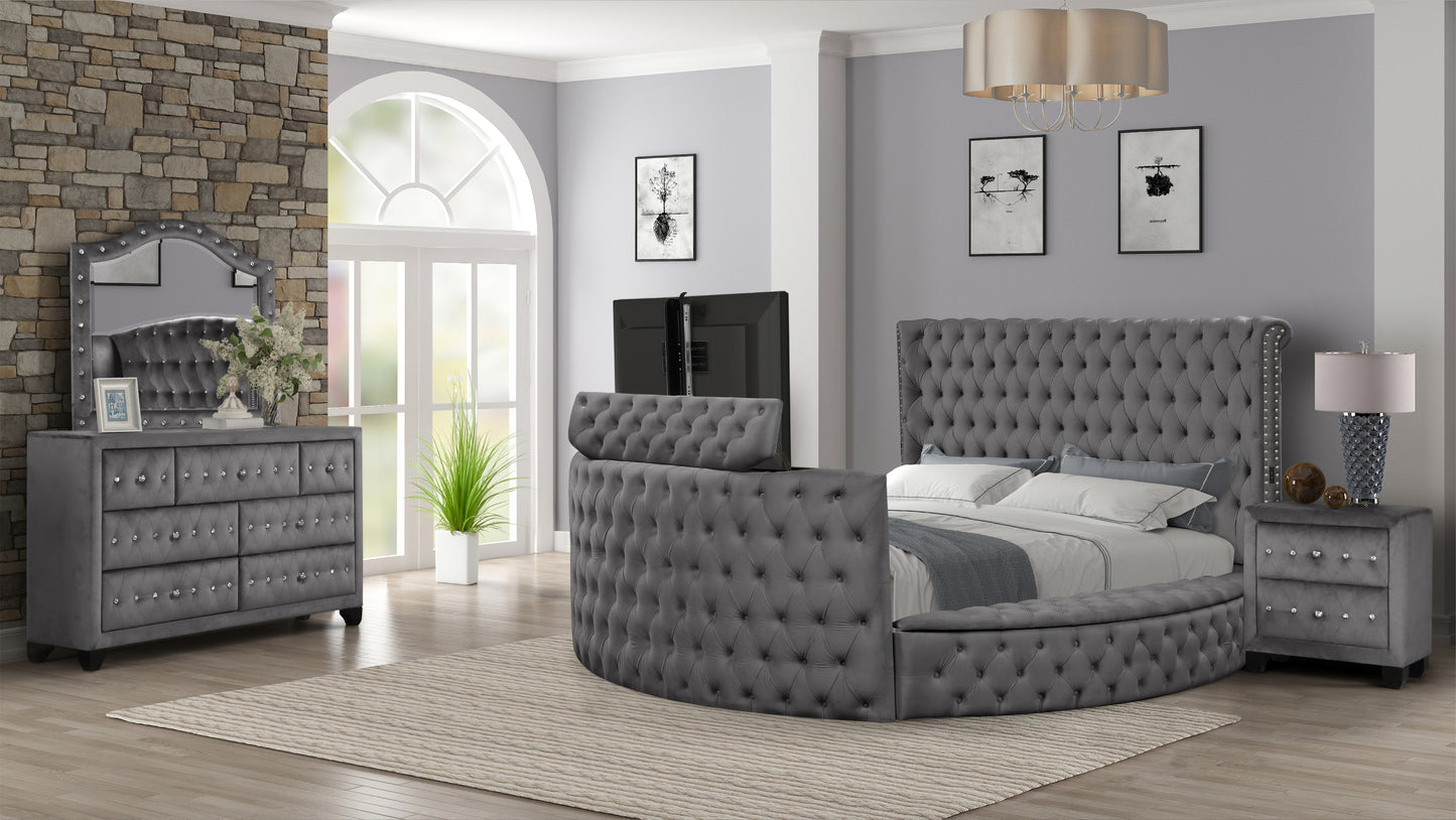 Ensemble de chambre à coucher King 4 pièces de style moderne avec lit capitonné en cristal Fabriqué en bois en gris