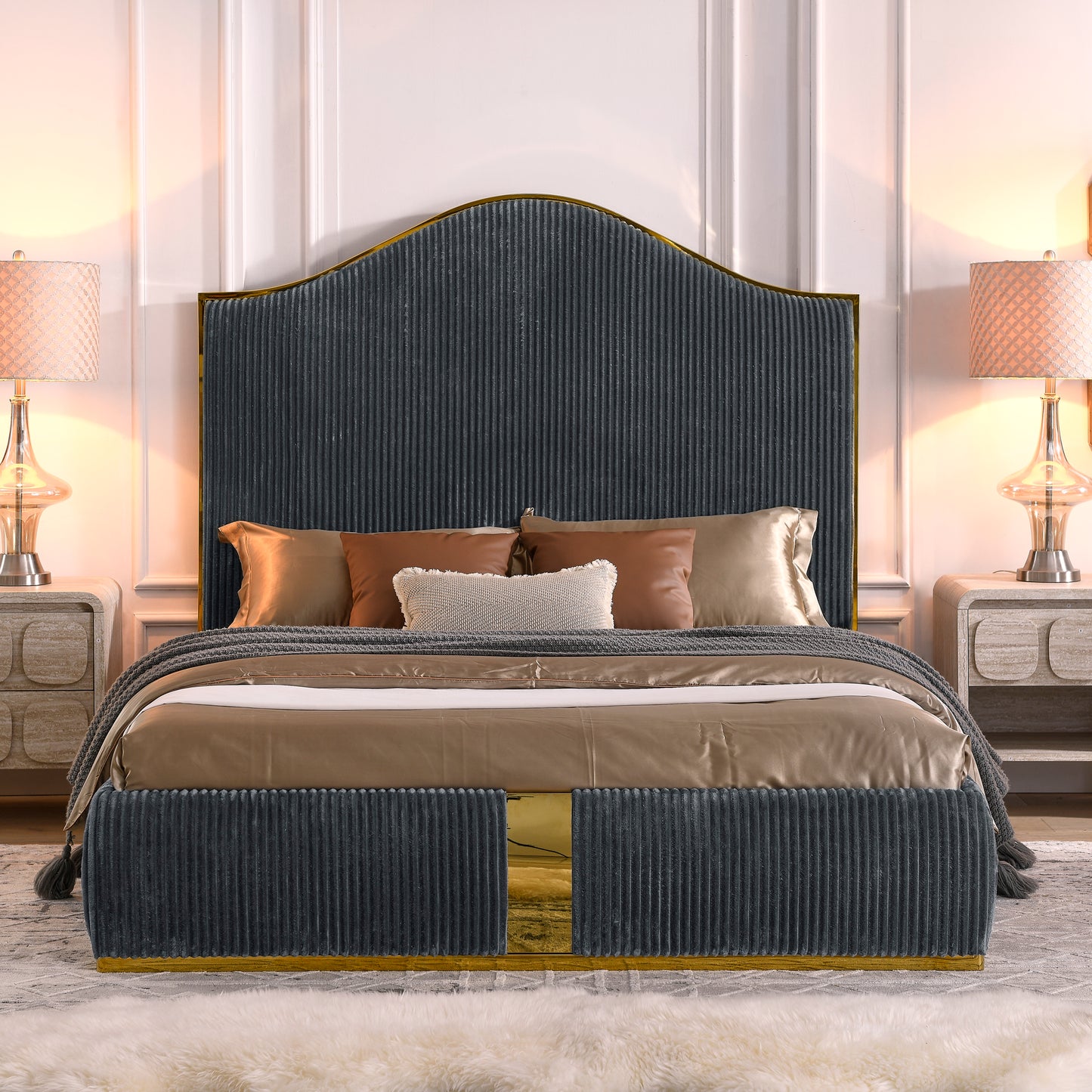 Corduroy Upholstered Bed Frame Queen Size 59.5" Tall  Headboard Queen Bed Frame Metal Decoration /No Box Spring Needed