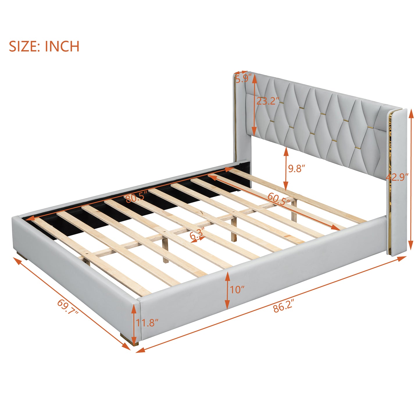 Queen Size Upholstered Platform Bed with Metal Strips, Off-white