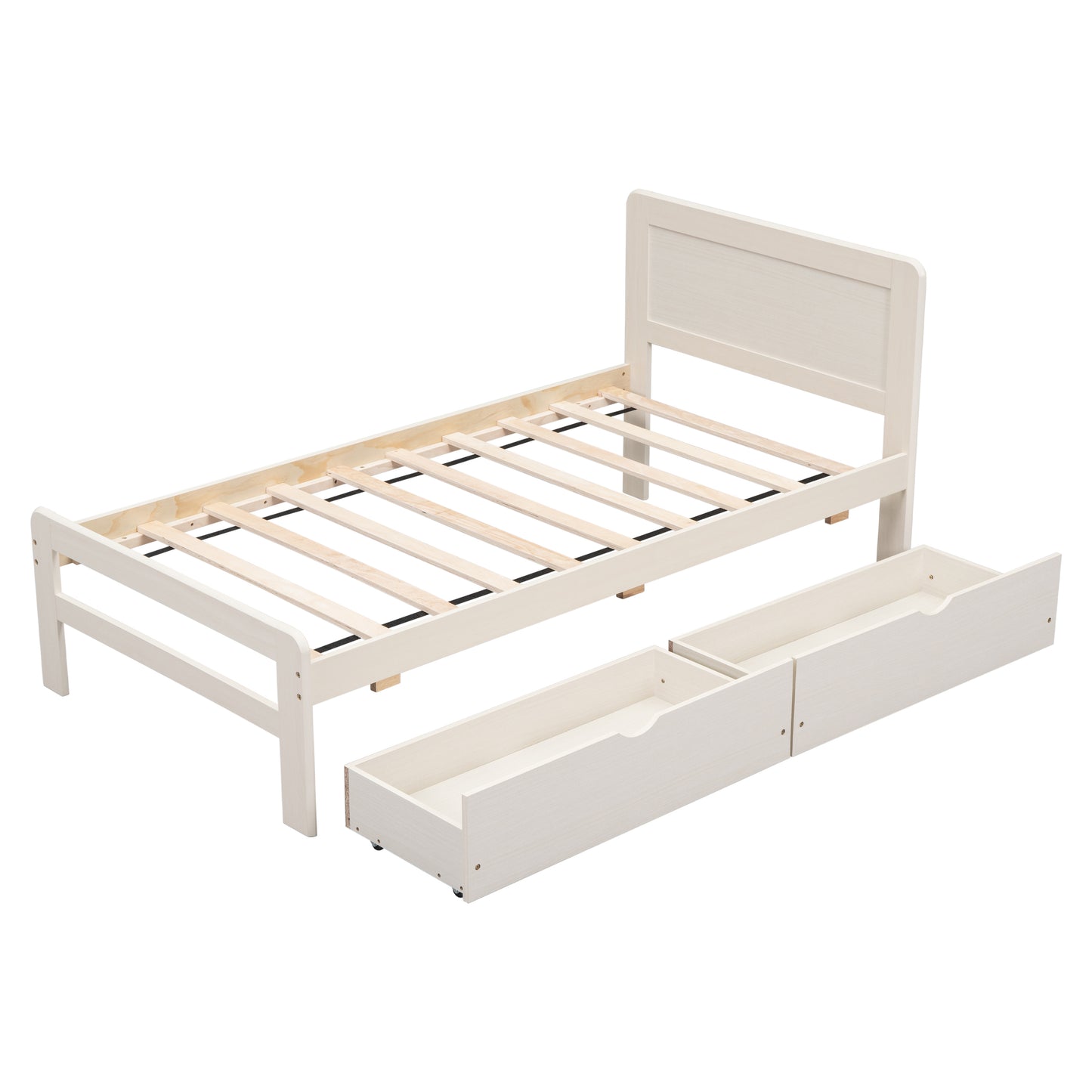 Modern Design Twin Size Platform Bed Frame with 2 Drawers for White Washed Color