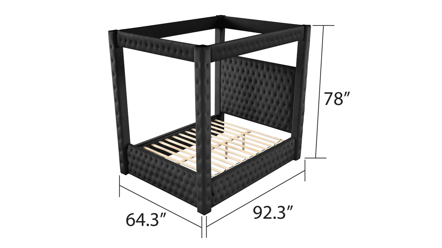 Lujosa cama matrimonial con dosel de 4 piezas fabricada con madera en color negro