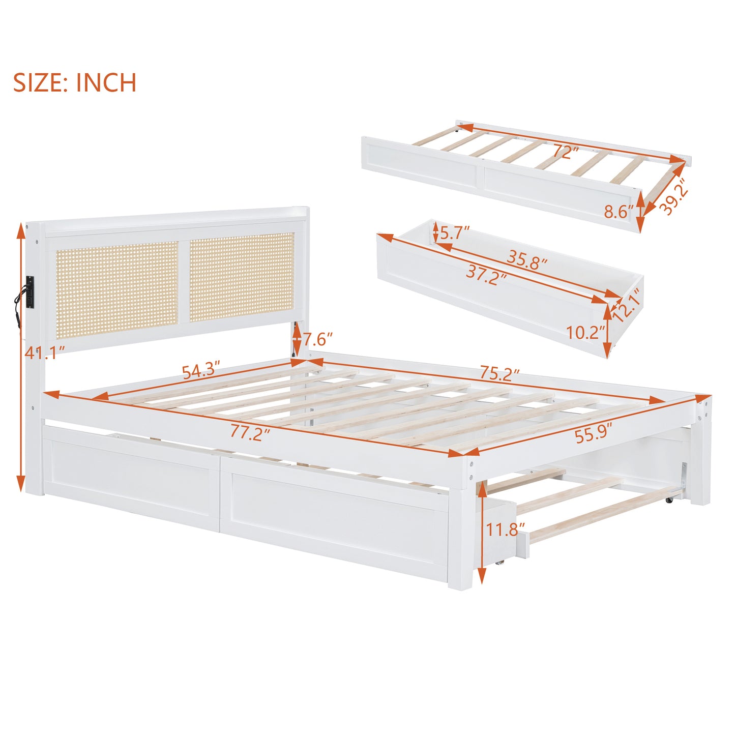 Full Size Elegant Bed Frame with Rattan Headboard and Sockets ,White